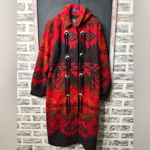 Vintage Woolrich Red Southwestern Wool Hooded Blanket Long Coat Large